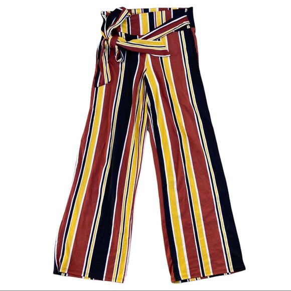 Obsessive Love Vertical Striped Wide Leg Pants Orange Yellow Stretch Size Medium - Picture 8 of 8